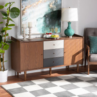 Baxton Studio FP-11022-GreyWalnut-Sideboard Baxton Studio Halden Mid-Century Modern Multicolor Walnut Brown and Grey Gradient Finished Wood 2-Door Dining Room Sideboard Buffet